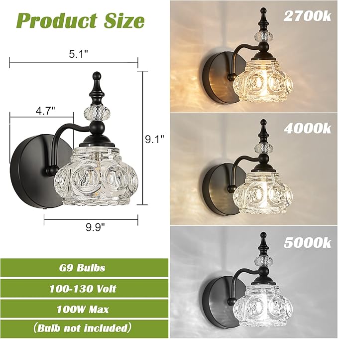 2-Pack Wall Sconces Black Bathroom Vanity Lighting Fixtures Black Wall Light with Glass Shade, Rust-Proof and Durable, Wall Lamp Using G9 Bulbs for Bedroom, Bathroom, Living Room