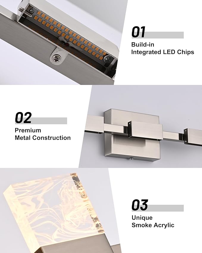 LED 3000K Bathroom Light Fixture in Brushed Nickel, Modern 5-Lights Vanity Lighting with Smoke Acrylic Shades, Wall Lamp Over Mirror for Kitchen Bedroom (Integrated Led Chips Included)