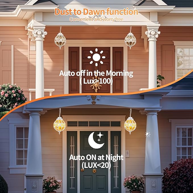 Dusk to Dawn Globe Outdoor Pendant Lights,Vintage Exterior Hanging Pendant Light Fixtures with Adjustable Chain, Aluminum White Outdoor Chandelier for Porch, Gazebo,with Sensor,Large