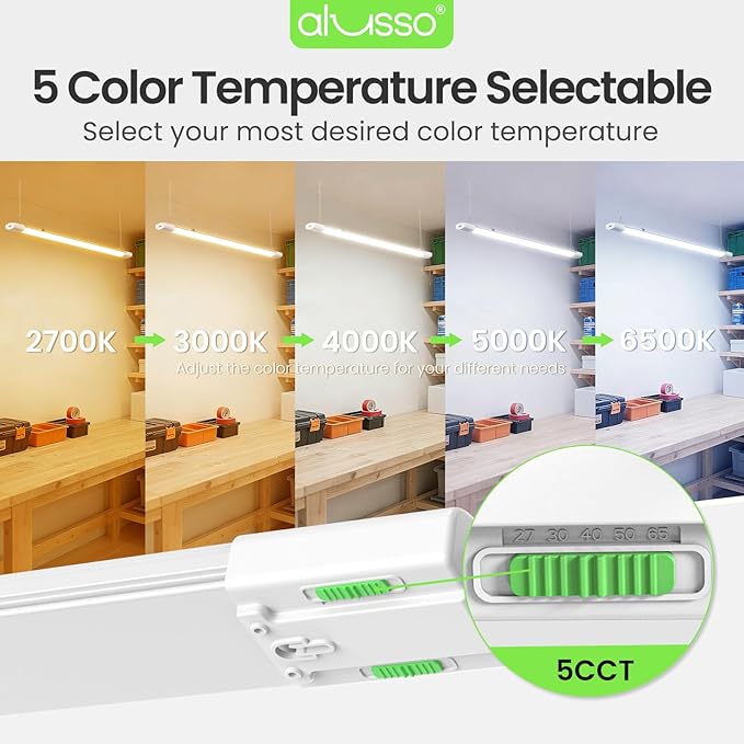 ALUSSO® LED Shop Lights 4FT for Garage, 6000LM Super Bright, Adjustable 2700K-6500K Color Temperature, 120V, Warm to Cool Daylight Linkable Shop Lights for Workshop, 2 Pack