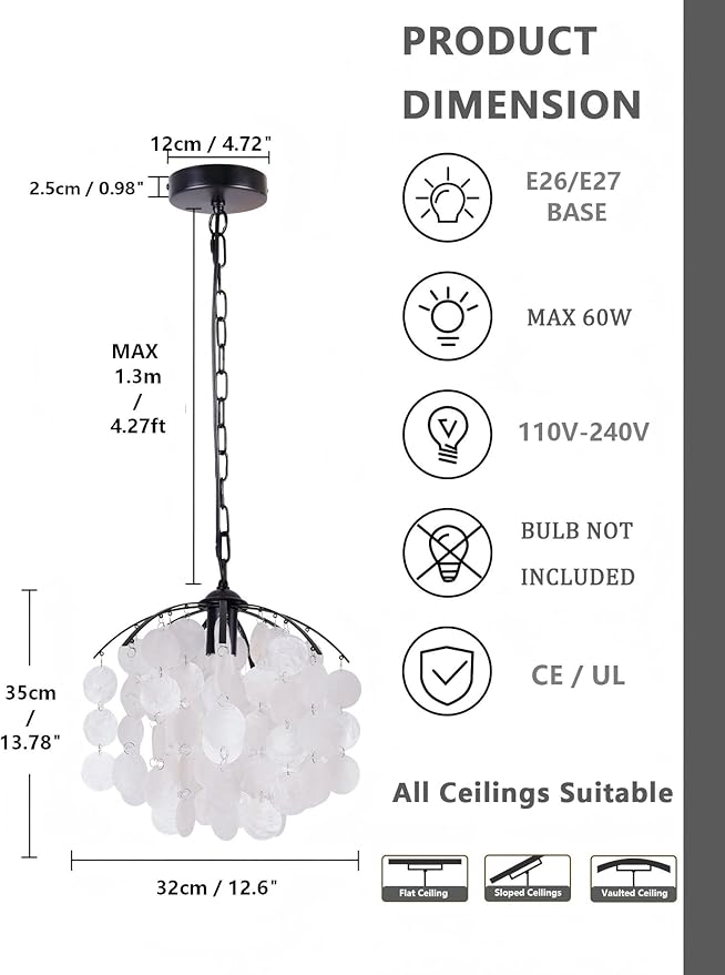 Capiz Shell Pendant Light, 12.6” Black Coastal Hanging Chandelier, Adjustable Height up to 51”, E26 Hardwired Ceiling Light for Living Room, Home Office, Bedroom, Boutique