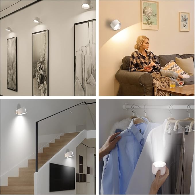 AKSDA Battery Operated Wall Light, LED Lamp with 360 Adjustable Lighting Indoor, 3 Color Modes, 3 Brightness Levels, Touch Control, Mounted for Bedroom, Reading, Bedside - 1 Pack, White