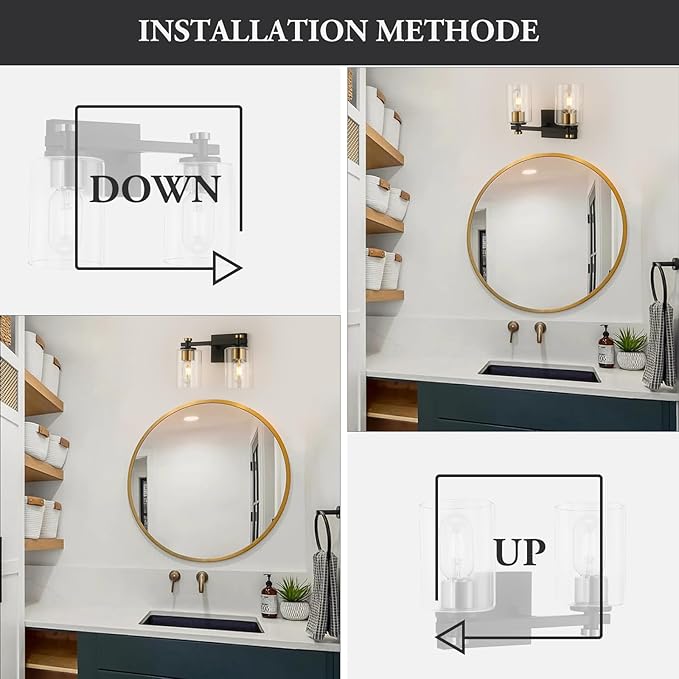 2 Light Bathroom Vanity Light, Black and Gold Bathroom Vanity Light, Bathroom Lighting Fixtures Over Mirror with Clear Glass Shade, Bathroom Light for Bathroom (E26 Base)