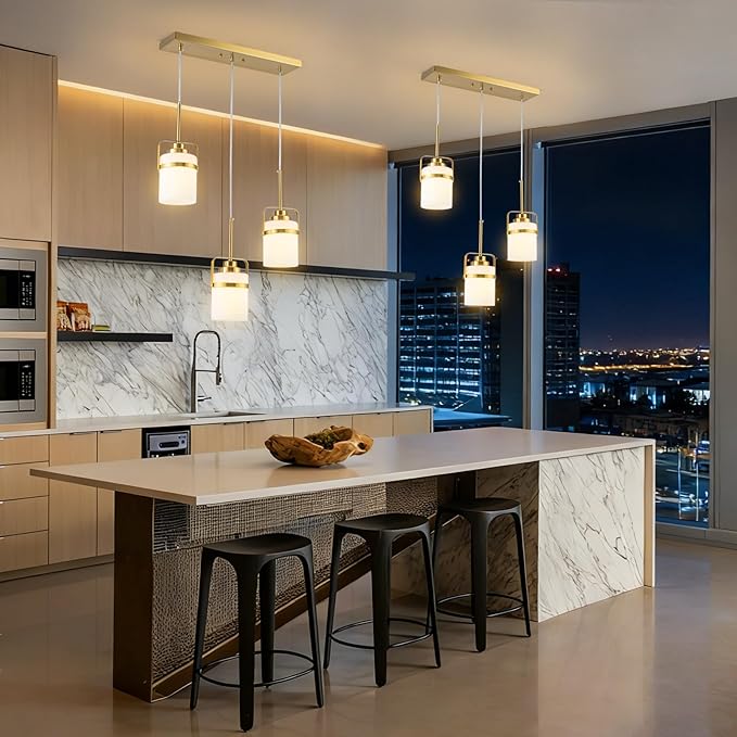 Brass 3-Light Pendant Lighting, Adjustable Hanging Light Fixture with Milk Glass Shade, Modern Pendant Light for Kitchen Island Dining Room Bar Over Sink/Table/Counter