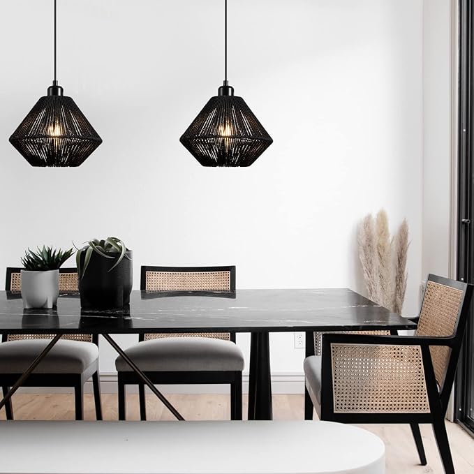 2 Pack Woven Plug in Pendant Light Fixture Black, 9.65’’ Rustic Farmhouse Pendant Hanging Light with Plug in Cord & On/Off Switch for Kitchen Island Living Dining Room Bedroom Foyer