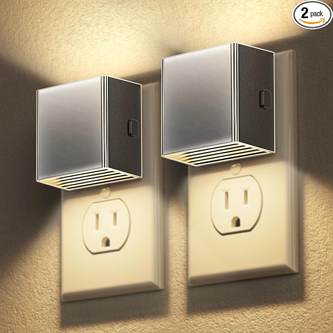 DORESshop LED Night Lights Plug into Wall [2 Pack], Plug in Nightlight, 3 Level Brightness Adjustable Night Light, Dusk to Dawn Sensor, Nightlights for Adults, Bedroom, Bathroom, Hallway, Silver Cover