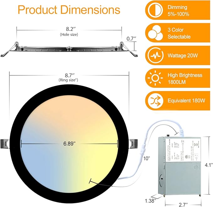 LZHOME 6 Pack 8 Inch LED Recessed Lighting with Junction Box Ultra-Thin, 3000K/4500K/6000K Selectable, 8" Dimmable Canless LED Downlight, 1800LM CRI80 High Brightness 5%-100% Recessed Light (Black)