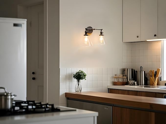 PERMO Double Sconce Vintage Industrial 2-Lights Sconce Antique Wall Sconces with Funnel Flared Glass Clear Glass Shade Vanity Light for Bathroom (Matte Black)