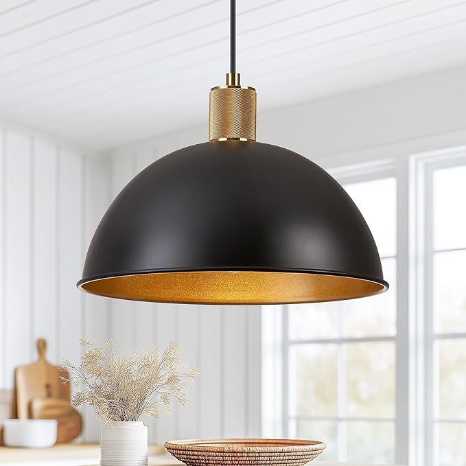 12 Inch Black Dome Pendant Lights for Kitchen Island, Height Adjustable Farmhouse Industrial Hanging Light Fixtures Over Table for Dining Room, Entryway, 1 Pack