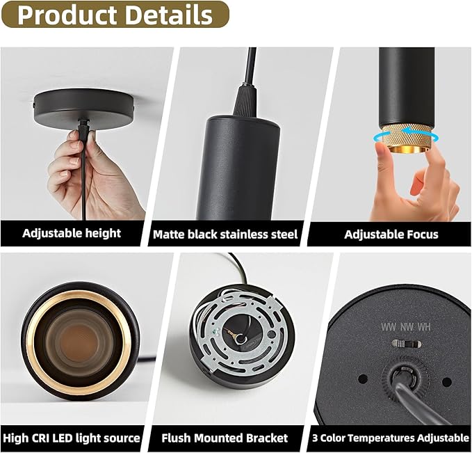 OKELI Modern Black LED Pendant Light for Kitchen Island, 3 Pack – Dimmable Zoomable Pendant, Adjustable Beam Angle, 3 Color Temps 2700K/4000K/6000K, Mini Hanging Light for Bar or Bedroom, 7W 15"