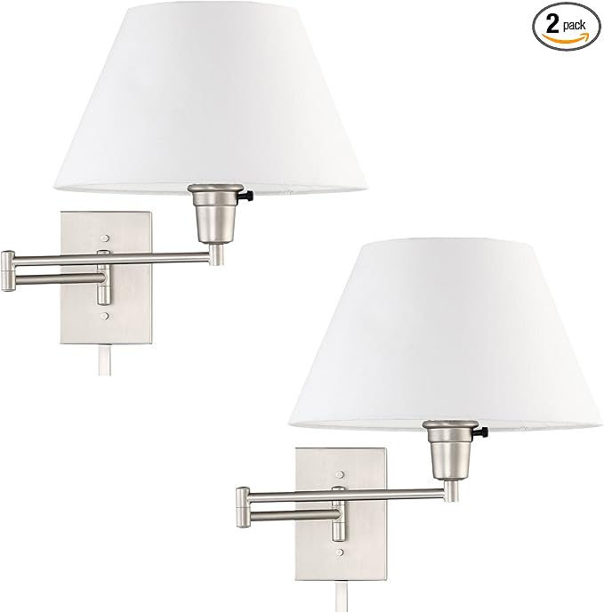 Kira Home Cambridge 15" Set of 2 Modern Swing Arm Wall Sconce with White Empire Fabric Shade, 2-in-1 Plug in or Hardwired Wall Lamp with 3-Way Switch, Satin Nickel Finish