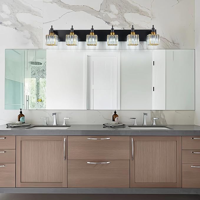 6-Lights Crystal Bathroom Vanity Light Black Gold Modern Bathroom Lighting Fixtures Over Mirror, Wall Light Fixtures
