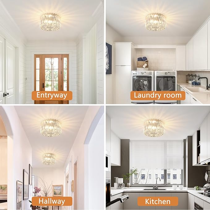 Crystal Ceiling Light, Modern Semi Flush Mount Ceiling Lighting Fixture, 8.89" Round Hallway Lighting Fixtures for Kitchen Entryway Laundry Room, 2-Light, Chrome, XDD007-1-CH