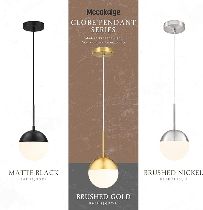 6 Inch Gold 2 Pack Mid Century Modern Pendant Light Pendants for Kitchen Island Frosted Milky White Glass Globe Height-Adjustable Modern Hanging Globe Pendant Light for Bedroom (Bulb Incl)