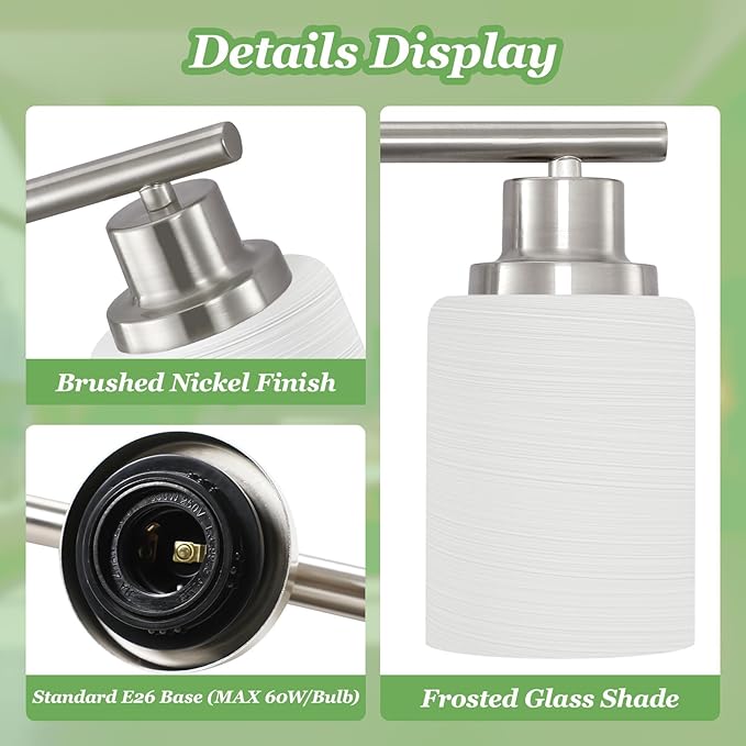 2-Light Vanity Lights, Brushed Nickel Bathroom Light Fixture with Striped Textured Milky White Glass Shade, E26 Modern Vanity Lighting Fixture for Bathroom Wall Sconce Light Over Mirror