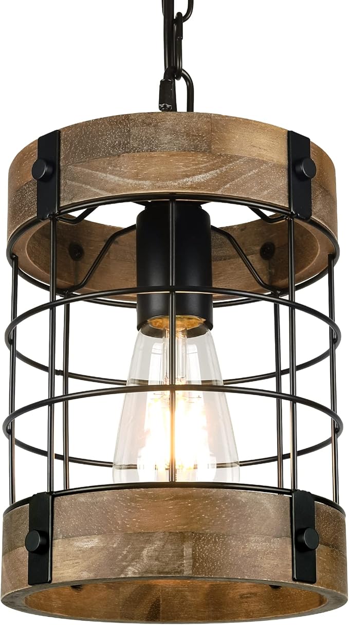 Rustic Pendant Light Fixtures, Farmhouse Kitchen Wood Hanging Lighting, Industrial Round Cage Chandelier for Entryway Hallway Dining Room Bedroom Foyer