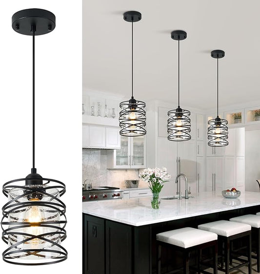 1-Pack Pendant Light Fixtures 6.3Inch Black Spiral Kitchen Island Light Modern Metal Cage Handblown Seeded Glass Ceiling Hanging Light Adjustable Cord for Dining Room Foyer Hallway, E26
