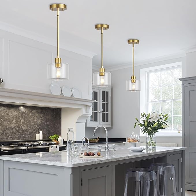 Brushed Gold Pendant Lights Kitchen Island, 1-Light Modern Clear Glass Hanging Light Fixtures with Rods, Mini Kitchen Pendant Lighting Over Island for Sink Bathroom, OS-YQ8153-1PBGC