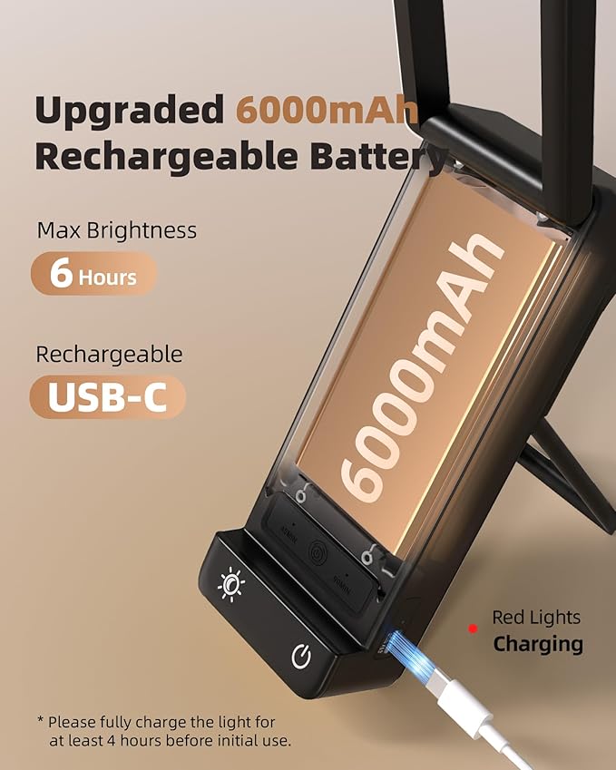 EZVALO LED Rechargeable Desk Lamp, 6000mAh Battery Operated Light, Cordless Table Lamp for Book Reading, Foldable Mini Lamp & Portable, 3 Color Dimmable Small Wireless Reading Lamp, Black