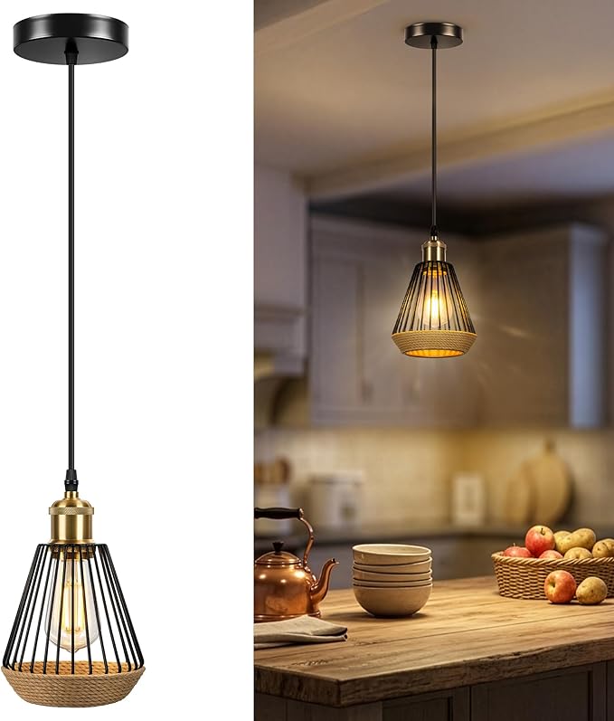 ropelux Pendant Lights Kitchen Island, Modern Kitchen Island Lighting, Adjustable Height Farmhouse Black Gold Brass Hanging Light Fixture for Living Room Sink Dinning Room Bedroom- 1PC