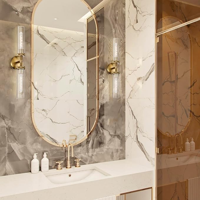 LaLuLa 2-Pack Bathroom Vanity Light Fixtures – Modern 2-Light Gold Wall Sconces with Knurled Texture, Clear Glass Shades, Horizontal or Vertical Mount, Bathroom Lighting Fixtures Over Mirror