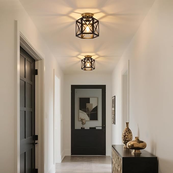 XSDeTu Black Gold Flush Mount Ceiling Light Fixtures, Farmhouse Ceiling Lights with Hexagonal Metal Cage, Modern Close to Ceiling Lamp, Small Chandelier for Kitchen Hallway Porch Bedroom, 2 Pack