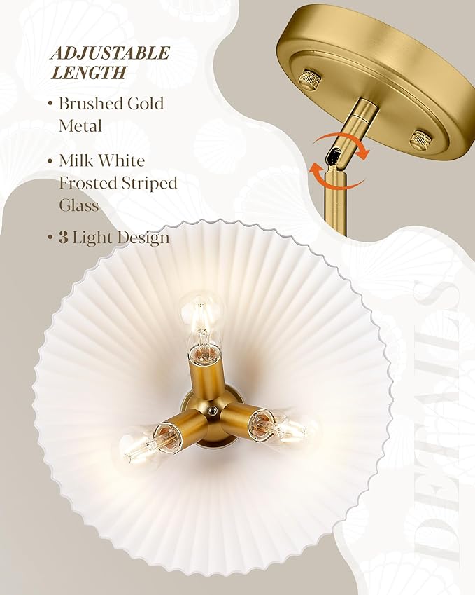 Modern Pendant Light White and Gold, HWH Large Kitchen Island Light Fixtures 16 Inch, 3-Light Hanging Lighting for Dinning Room Schoolhouse, Frosted Striped Glass Shade, 5HZG98MIL-M BG