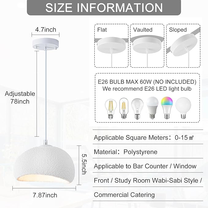 Wabi Sabi Pendant Light 15.7 inch - Modern Japanese Ceiling Fixture for Dining Room, Kitchen Island, Hallway, Bedroom, Restaurant - White Hanging Lamp with E26 Base (40cm/15.7in)