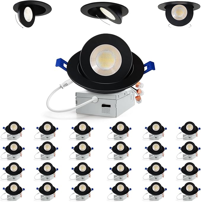 Adetu 4 inch 5CCT Gimbal Black Led Recessed Lights, 360°+90° Adjustable Directional Recessed Lighting, 2700K/3000K/3500K/4000K/5000K Dimmable Eyeball Canless Downlight with Jbox, ETL (Black,24 Pack)