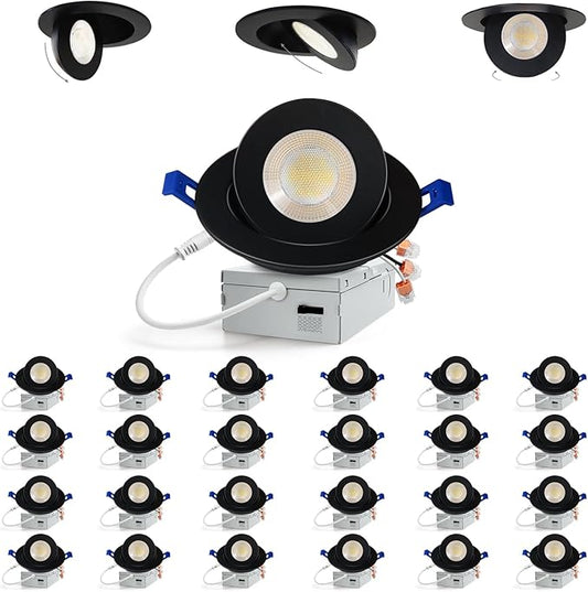 Adetu 4 inch 5CCT Gimbal Black Led Recessed Lights, 360°+90° Adjustable Directional Recessed Lighting, 2700K/3000K/3500K/4000K/5000K Dimmable Eyeball Canless Downlight with Jbox, ETL (Black,24 Pack)