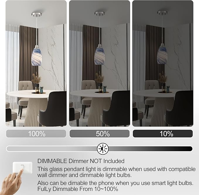 Viinew Glass Pendant Light with Handblown Dark Blue Marble Art Glass Shade Ceiling Light 3-Pack Mini Hanging Pendant Light for Kitchen Island,Dining Room,Living,Foyer,Hallway