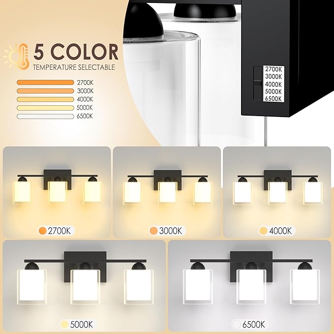 Quntis Black Bathroom Lighting Fixtures Over Mirror with 5 Color Modes, 3 Light Dimmable LED Bathroom Vanity Light, with Eye Care Milk White Frosted Glass, 21W Energy Saving, 16 Inch (Bulbs Included)