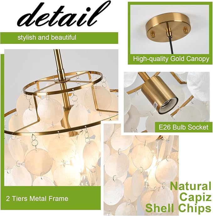 White Shell Pendant Lights, Brushed Brass Coastal Seashell Chandelier Metal 2 Tiers Ceiling Hanging Light Fixture for Kitchen Island Dining Room Entryway Bedroom Foyer, E26 Socket