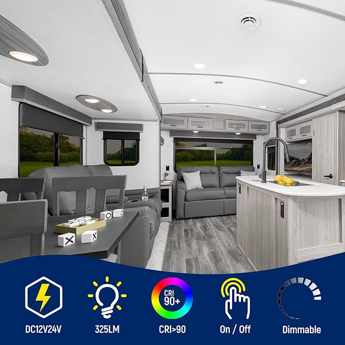 4 Pack RV Interior Ceiling Dome Light 4.5 Inch, Press Dimmer Switch & Blue Nightlight,12V Dimmable Puck Light for Motorhome Trailer Fifth Wheel Truck Coach Enclosed Trailer(5000K)