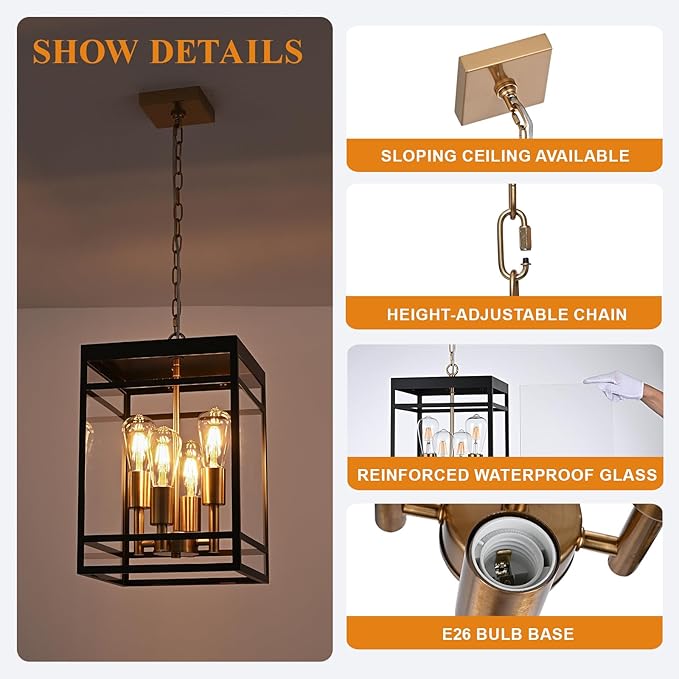 VINLUZ 16" Outdoor Pendant Light with Adjustable Chain, 4-Light Black and Gold Finish Outdoor Hanging Light Fixture, Exterior Hanging Lantern Chandelier for Entryway Patio Garden