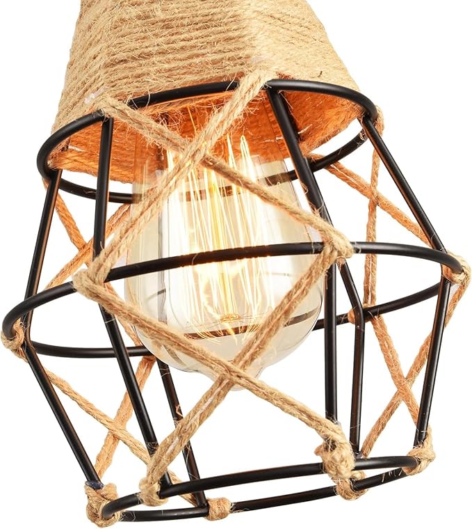 Industrial Hanging Light with Plug in Cord - Hemp Rope On/Off Switch Farmhouse Pendant Light for Dining Room