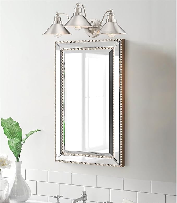 Kira Home Welton 25.5" 3-Light Modern Farmhouse Vanity Light with Funnel Shades, Industrial Silver Wall Sconce Bathroom Light, Brushed Nickel Finish