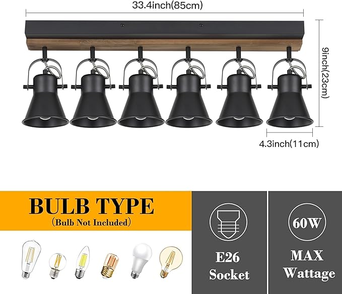 KEESFU 6-Light Track Lighting Kit,Black Semi Flush Mount Ceiling Light with 6 Rotatable Light Heads,Modern Farmhouse Lighting for Livingroom,Bedroom,Hallway,Art Wall,Bathroom,Kitchen.(6-Light)