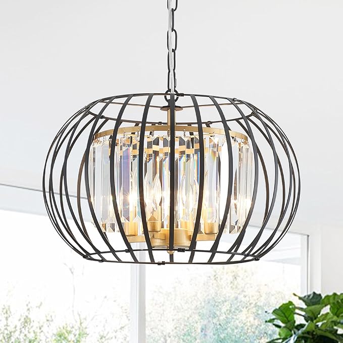17.7" Modern Crystal Chandelier Black and Gold Drum Pendant Lighting Fixture Round Rustic Metal Shade 4-Light for Dining Room Living Room Bedroom Hallway