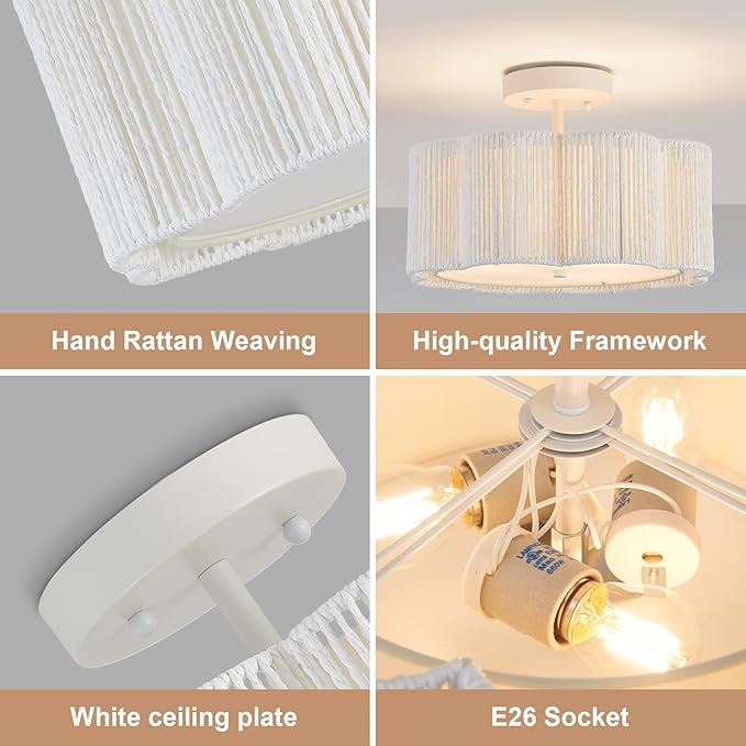 13 Inch Rattan Flush Mount Ceiling Lights 3 Lights Boho Farmhouse Ceiling Light Fixtures Wicker Hand Woven Light Fixtures for Dining Room Kitchen Bedroom Foyer Hallway Entryway