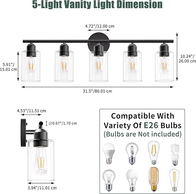 Espird Bathroom Vanity Light Fixtures Matte Black Bathroom Lighting Fixture, 5 Lights Bathroom Light Fixture Over Mirror, Modern Black Vanity Light, Wall Sconces with Glass Shades