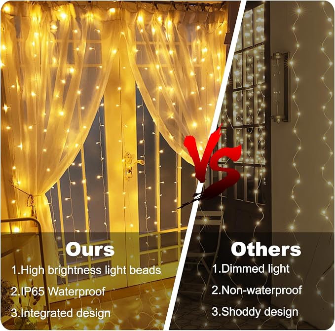 300 LED Curtain Lights Plug-in Fairy Curtain Lights with 8 Modes, Connectable Indoor/Outdoor for Christmas Decorations, Weddings, Walls, Windows, Parties，Warm White