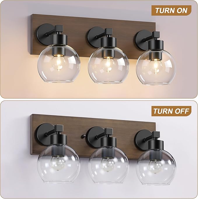Farmhouse Bathroom Vanity Light Fixtures, Bathroom Light Fixtures Over Mirror,3-Light Rustic Black Wood Wall Sconces, Vintage Vanity Light for Bathroom with Clear Glass Shade (Black, 3-Light)