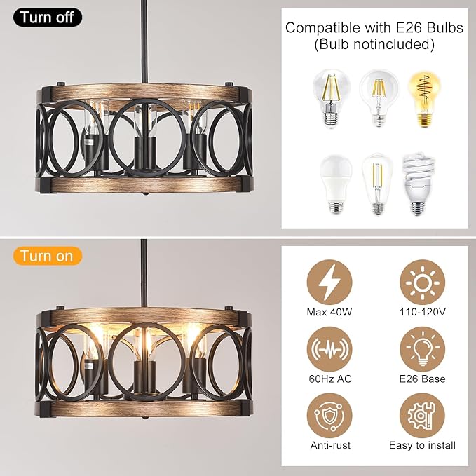 Light Fixtures Ceiling Mount,3-Lights Semi Flush Mount Ceiling Light Fixture,15.7" Black Dining Room Chandelier Rustic Drum Chandelier Pendant Light Fixture with Wood Grain Finish for Kitchen