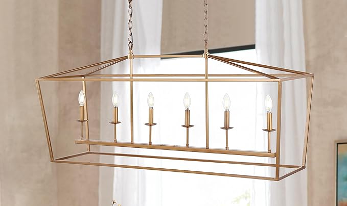 JONATHAN Y 49" Antique Gold Lantern Pendant Light, 6-Light Pagoda Style Metal Cage Farmhouse Hanging Ceiling Fixture for Kitchen Island, LED Bulb Included (JYL7439B)