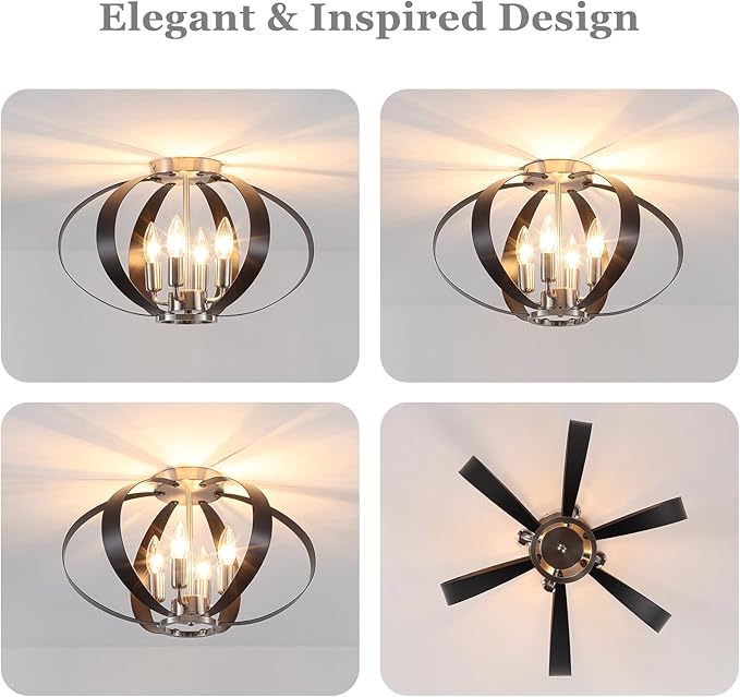 Black and Brushed Nickel Semi Flush Mount Ceiling Light, 4-Light Farmhouse Modern Light Fixtures Ceiling Mount, Metal Cage Stair Lights for Kitchen, Hallway, Entryway, Living Room, Bedroom