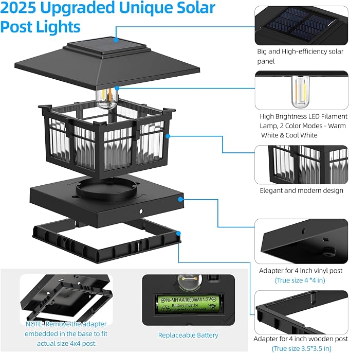 EXCMARK 2 Pack 4x4 Solar Post Cap Lights, Fence Deck Post Lights Outdoor Solar Powered Waterproof with Two Light Modes Warm&Cool White for Garden Patio Decor. (Classic Black,2)