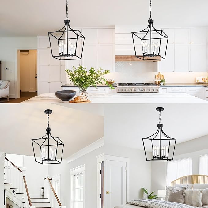 6-Light Large Classic Lantern Chandelier in Black, Height Adjustable Hanging Pendant Light Fixture for Kitchen Island Dining Room Foyer, E12 Bulb Base