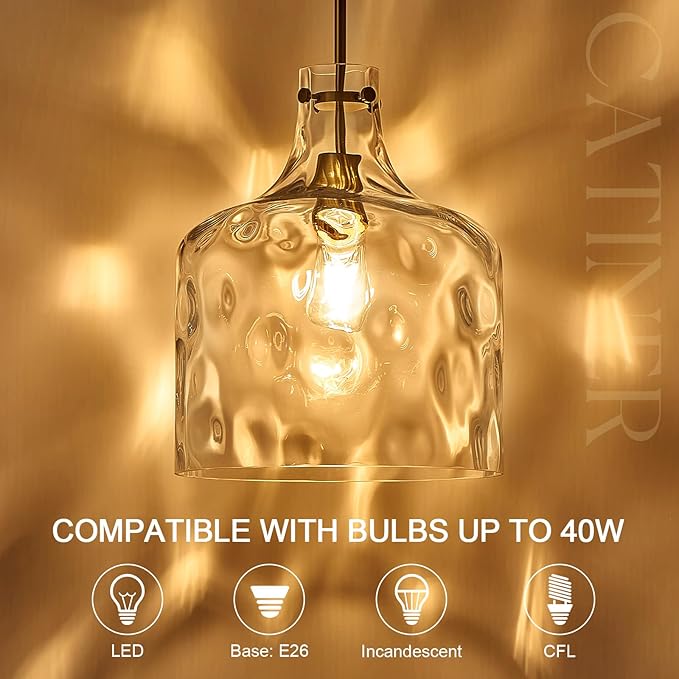 CATINER 16" Extra Large Farmhouse Pendant Light – Hand-Blown Hammered Glass Shade, Gold Finish, Adjustable Chain Ceiling Light for Kitchen Island, Dining Room, Hallway