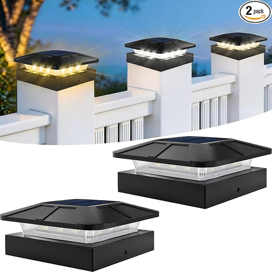 4x4 Post Solar Lights, 3 Colors Solar Fence Lights, 2 Brightness Solar Post Cap Lights Waterproof, Deck Lights for Wood/Vinyl Posts, Garden, Patio, Stripe Light, 2 Pack